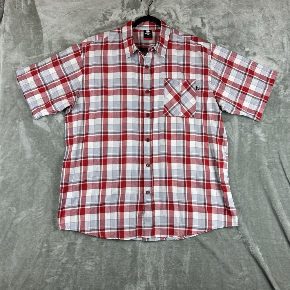 Ecko Unltd. Button Front Shirt Men's 2XB Red Gray White Check Plaid Textured